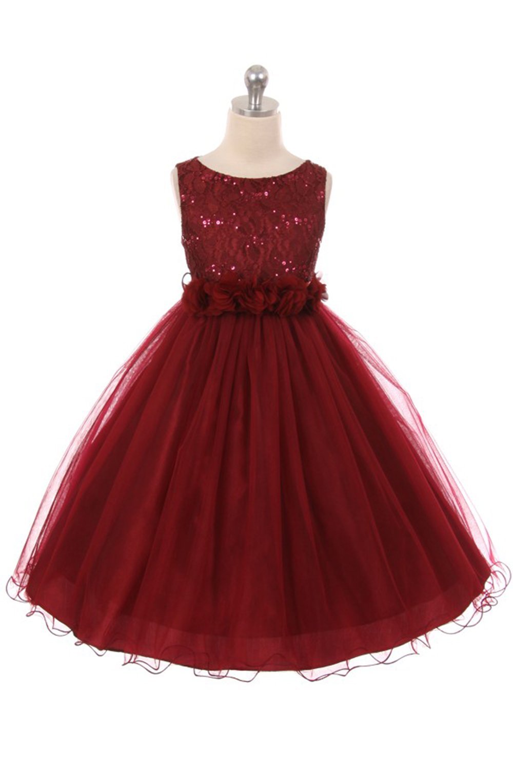 Burgundy Sleeveless Shiny Tulle Flower Girls Dress with Floral Waist sash Burgundy Sleeveless Shiny Tulle Flower Girls Dress with Floral Waist sash